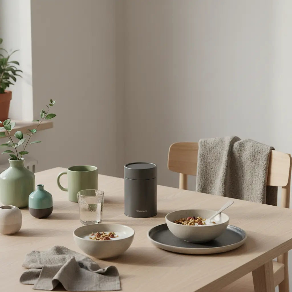 Minimalistisches veganes Frühstück mit Granola, Joghurt, Nüssen, Shake und dem Produkt aus den Referenzfotos auf einem aufgeräumten Tisch im warmen Morgenlicht — Wie oft sollte man ins Fitnessstudio gehen