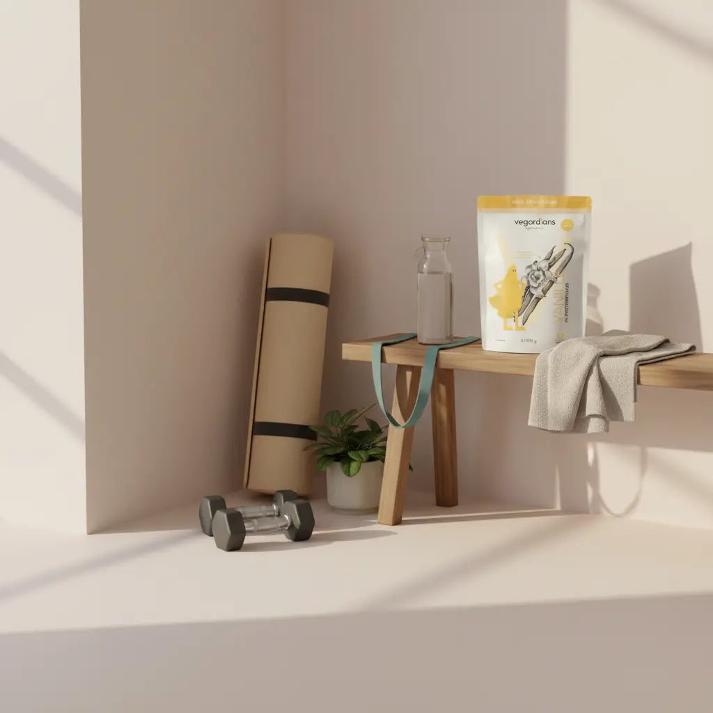 Ruhige Fitnessstudio‑Ecke im Morgenlicht mit aufgerollter Yogamatte, Hanteln, offener Wasserflasche und neutralem Handtuch auf Holzbank — Wie oft Zirkeltraining im Fitnessstudio