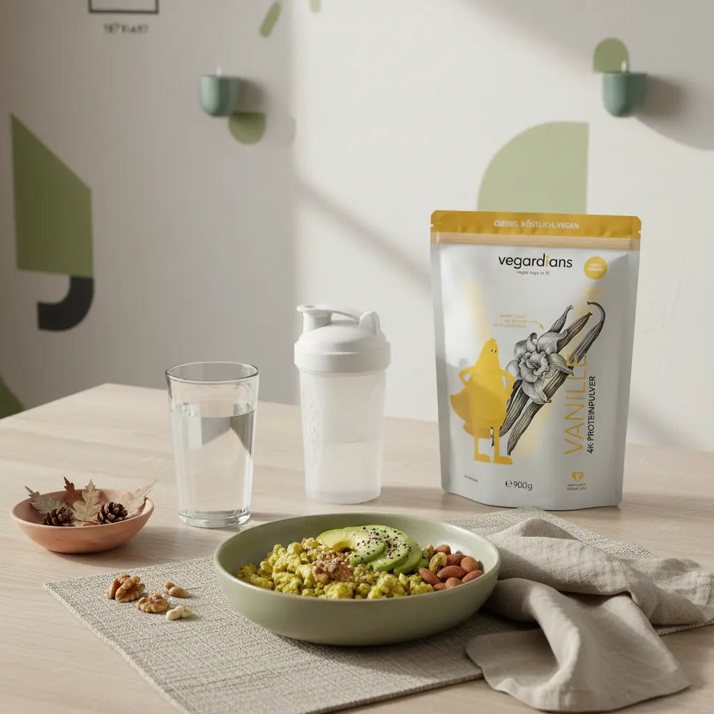 Sanfte Küchenaufnahme mit veganer, proteinreicher Keto‑Mahlzeit, Shaker und Glas Wasser im Morgenlicht — passend zum Thema wie schnell nimmt man mit Keto ab