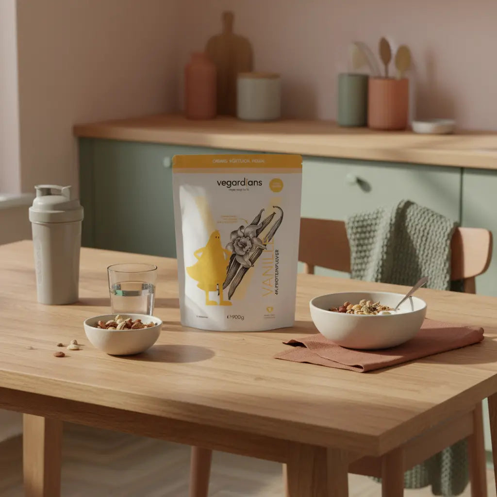 Wie trainiere ich mich für Masseaufbau? Vegane Bowl, Shake und Wasserglas auf nachhaltigem Holztisch im sanften Morgenlicht, minimalistisch, erdig, full frame.