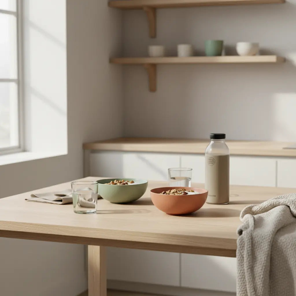 Frühstückstisch mit veganem Müsli, Joghurt, Nüssen und einem Shake-Behälter in einer ruhigen, minimalistischen Küchenszene – Wie verändert sich der Körper ohne Fleisch?