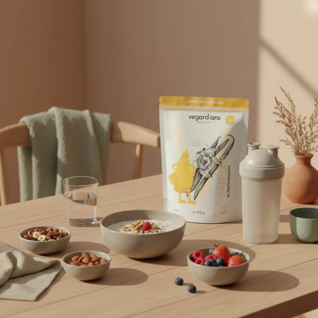 Veganes Frühstück mit Haferbrei, Nüssen, Beeren, Glas Wasser und neutralem Shaker auf minimalem Tisch in sanfter Morgenküche — wie viele kcal darf ich essen wenn ich abnehmen will