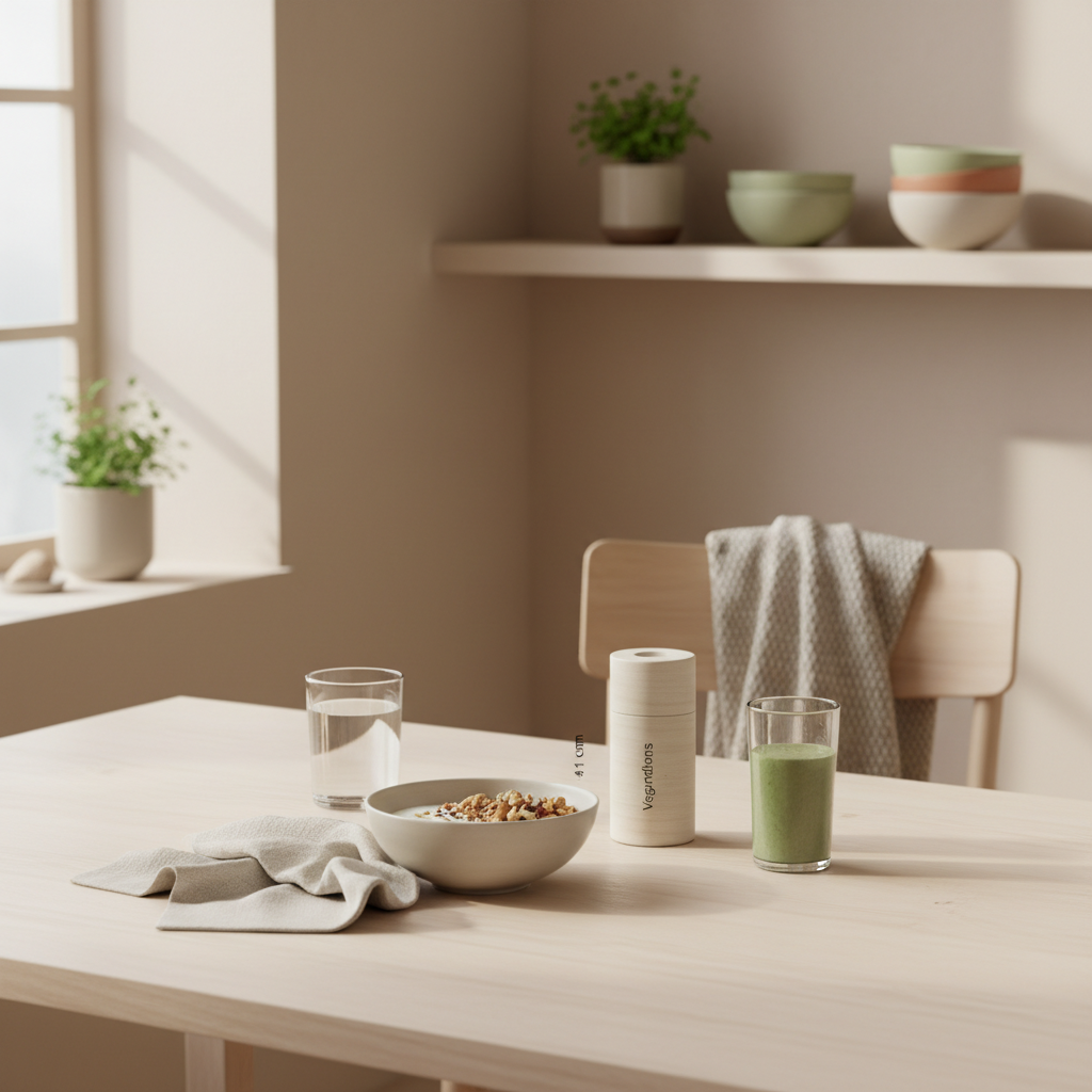 Minimalistischer veganer Frühstückstisch mit Granola, Joghurt, Nüssen und Shake in ruhiger Morgenstimmung – Fokus: wie viele pflanzliche lebensmittel pro woche