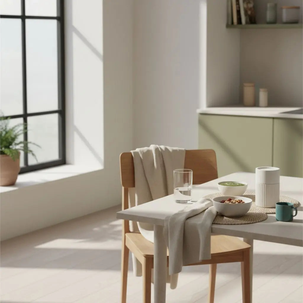 wie werde ich dünner ohne diät: Minimalistische Frühstücksszene in europäischer Küche mit Granola, pflanzlichem Joghurt, Nüssen und Shake auf nachhaltigem Tisch.