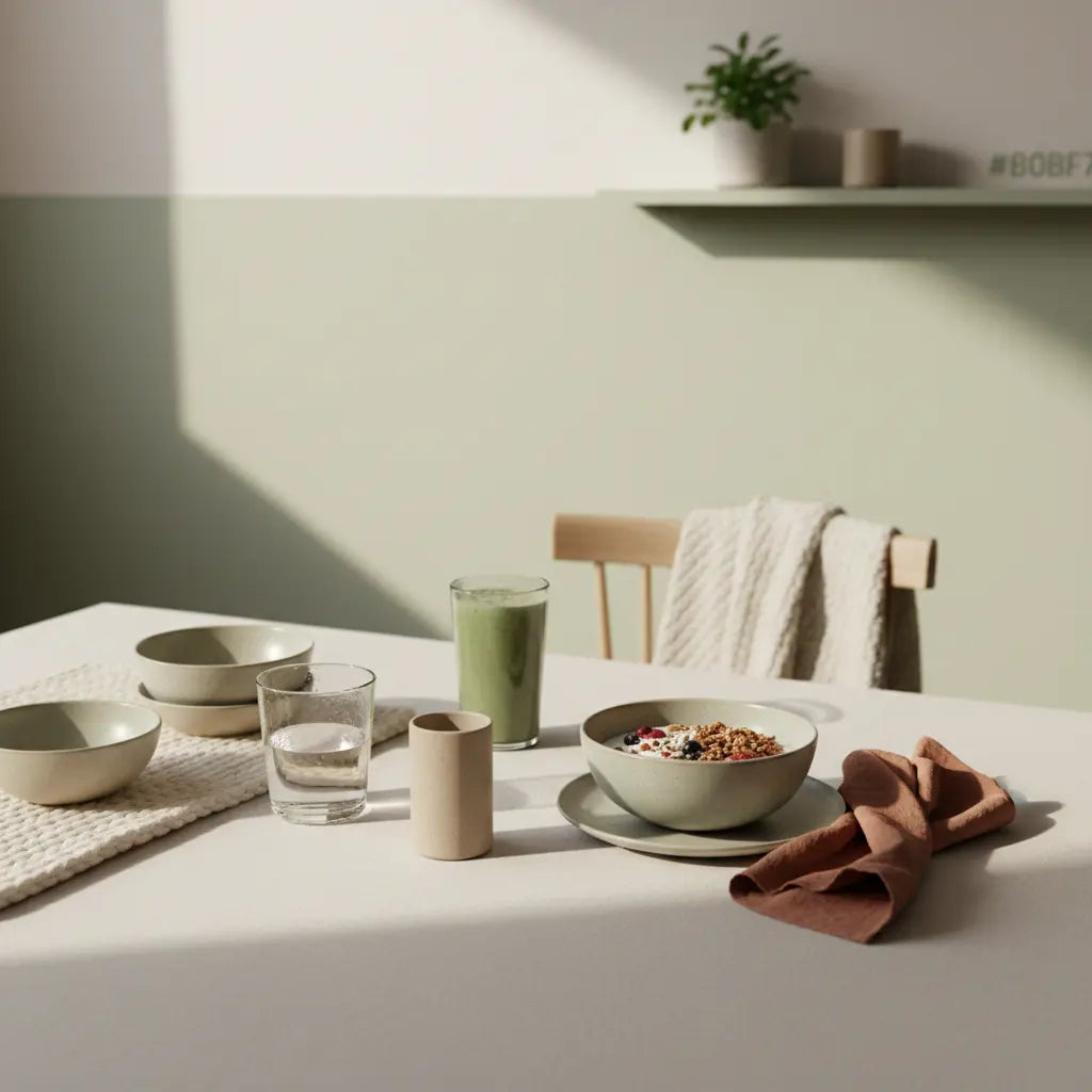 Minimalistische Frühstücksszene in europäischer Küche bei Morgenlicht: Granola-Bowl, Shake, Wasserglas und winterliche Textilien — Winterblues