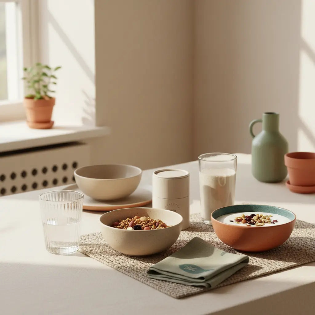 Minimalistisches Winterfrühstück mit Granola, pflanzlichem Joghurt, Nüssen und Shake in Keramikschalen in einer europäischen Küche im sanften Morgenlicht – Winterblues