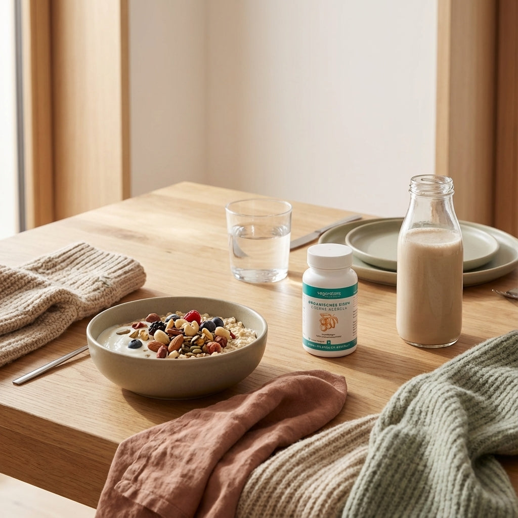 Minimalistischer Frühstückstisch im Morgenlicht mit veganer Hafer-Schale, Glas Wasser, Shake und dezenten Woll- und Leinenakzenten – Szene gegen Winterblues