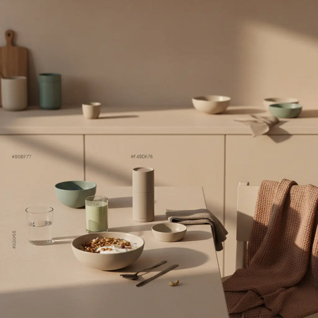 Minimalistisches Frühstück mit Granola, Joghurt, Nüssen und Shake auf einem nachhaltig gedeckten Tisch in heller Küche, dezenter Produktfokus gegen winterdepression