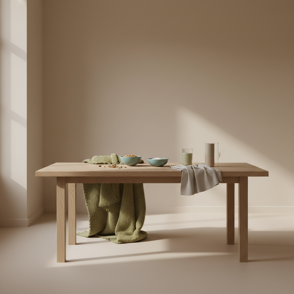 Minimalistische Morgenküche mit nachhaltigem Frühstück (Granola, pflanzlicher Joghurt, Nüsse, Shake) und dezenten Wintertexturen – Winterdepression Symptome