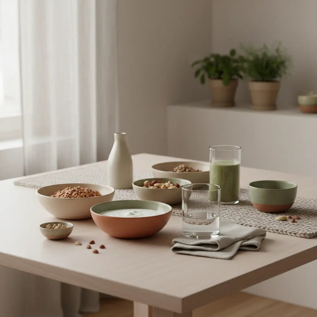 Minimalistisches veganes Frühstück mit Granola, Joghurt, Nüssen und Shake auf nachhaltigem Tisch in warmer Küche, dezente Wolltexturen und Keramik – Winterernährung bewusst und nährend