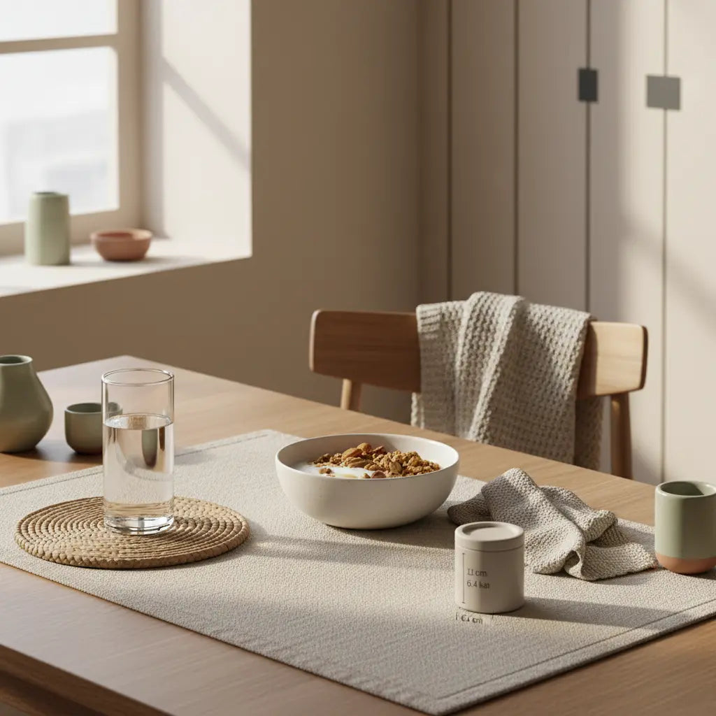 Minimalistisches Frühstück in europäischer Küche mit veganer Schale, Shake und Glas Wasser in Beige/Salbei-Tönen, Wintermotivation.