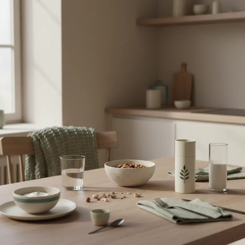 Wintermotivation: Minimalistisches veganes Frühstück mit Granola, pflanzlichem Joghurt, Nüssen und Shake auf nachhaltig gedecktem Tisch in sanftem Morgenlicht