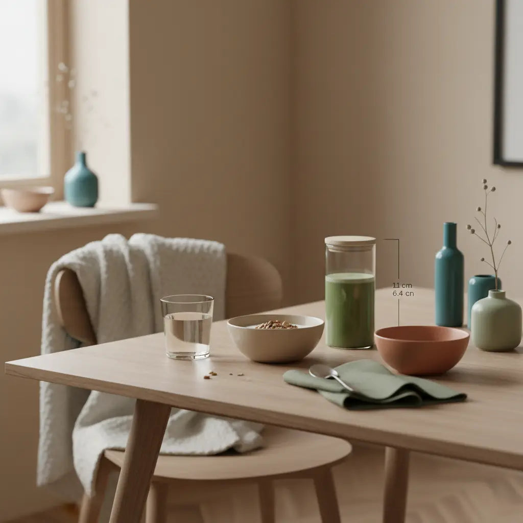 Minimalistisches Winterfrühstück mit Granola, pflanzlichem Joghurt, Nüssen und Shake auf nachhaltigem Tisch – ruhige Wintermotivation in salbeigrüner und beiger Farbwelt.