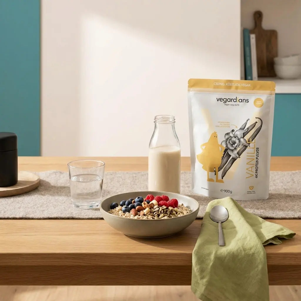 Minimalistische europäische Frühstücksszene mit veganer Hafer-Schüssel, Beeren, Nüssen, Shake in Flasche und Glas Wasser auf Holztisch – motiv für wochenplan ernährung.