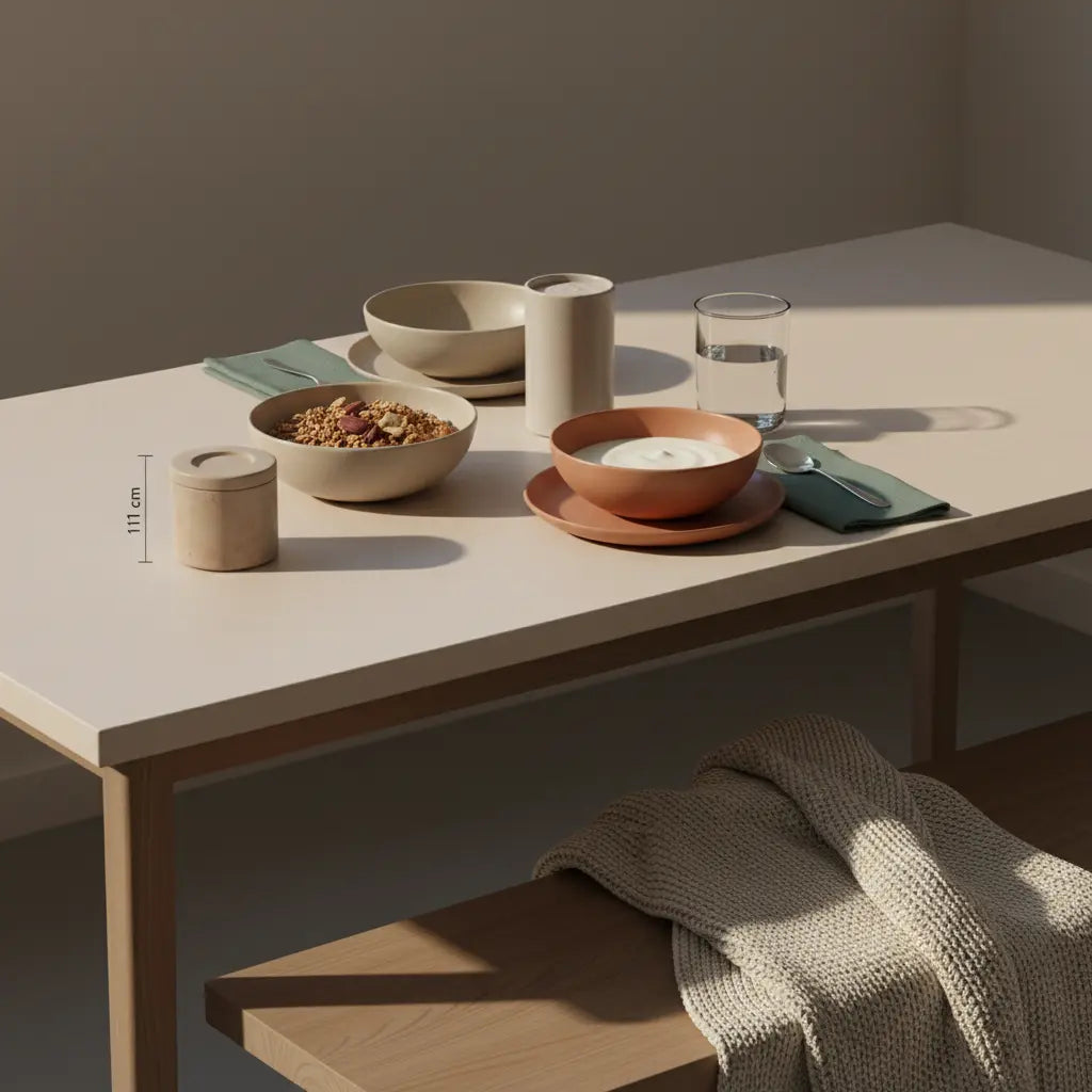 Minimalistische europäische Küchentischszene im Morgenlicht mit Keramikschalen, Granola, veganem Joghurt, Nüssen und neutralem Shake; subtile Woll- und Leinentexturen, zuckerarme kekse