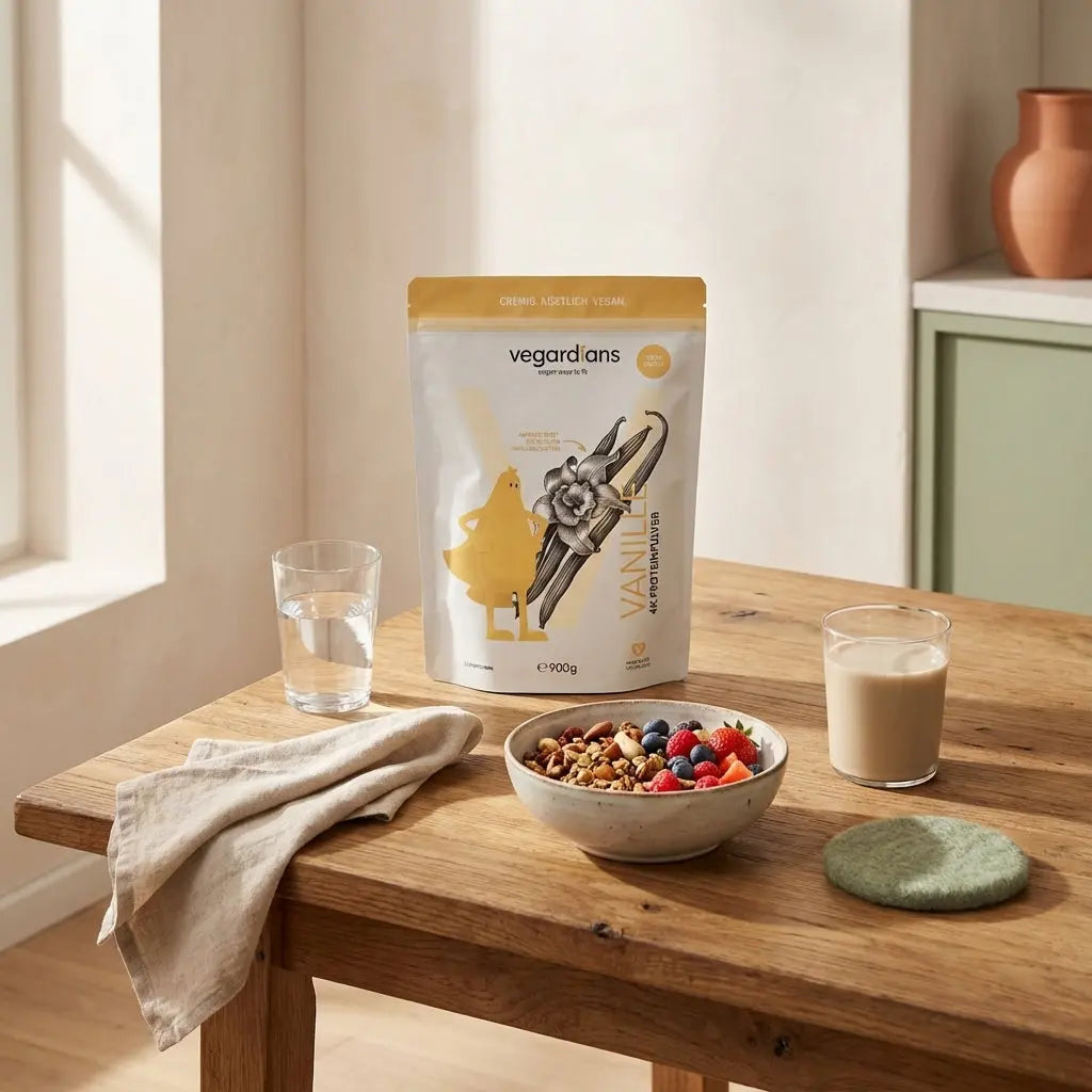 Morgendliche nachhaltige Küchenszene mit Müsli, Glas Wasser und pflanzlichem Proteindrink auf Holztisch – Zumba zum Abnehmen