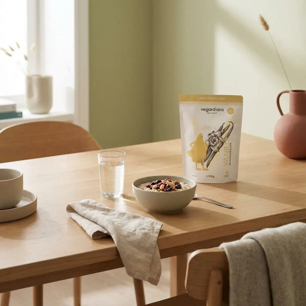 Morgendliche Küchenszene mit Porridge, Beeren, Nüssen und Pflanzeneiweiß-Shake auf nachhaltigem Holztisch im Vegardians-Farbstil – ideal für zunehmen beim muskelaufbau