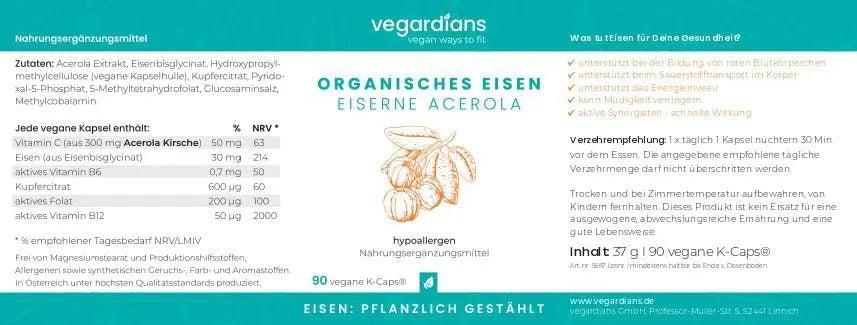Vegardians Organisches Eisen+ Komplex für ein gesundes und Veganer Leben. Ernährungszusatz für Muskelaufbau und tägliche Unterstützung.