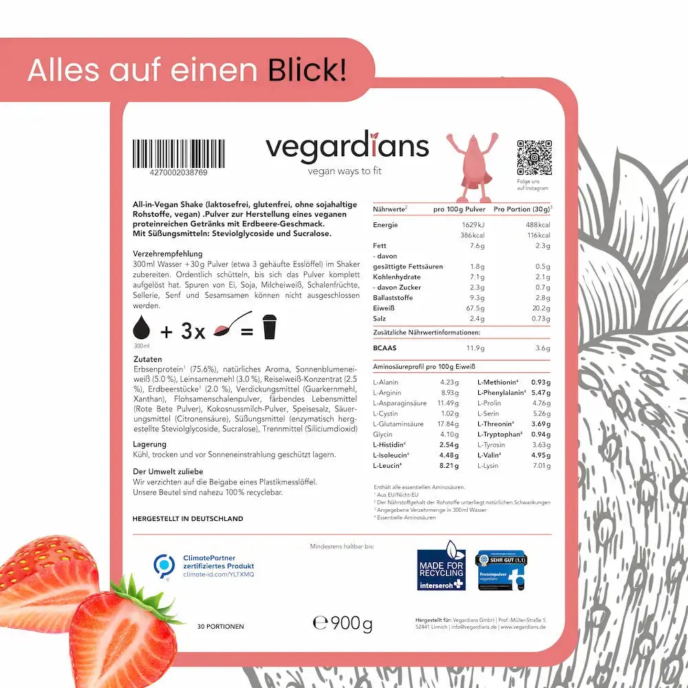 Vegardians Vegan Erdbeere Protein für ein gesundes und Veganer Leben. Ernährungszusatz für Muskelaufbau und tägliche Unterstützung.