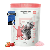 Vegan Erdbeere Protein powder with real strawberry pieces, 900g packaging.
