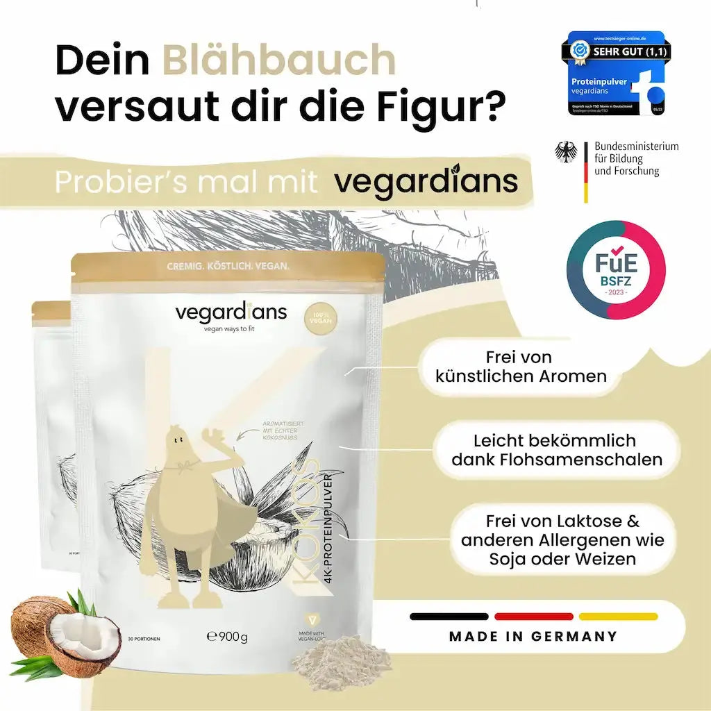Vegardians Vegan Kokos Protein für ein gesundes und Veganer Leben. Ernährungszusatz für Muskelaufbau und tägliche Unterstützung.