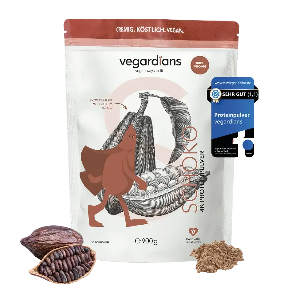 Vegan Schoko Protein powder with real cocoa, creamy and plant-based, 900g package.