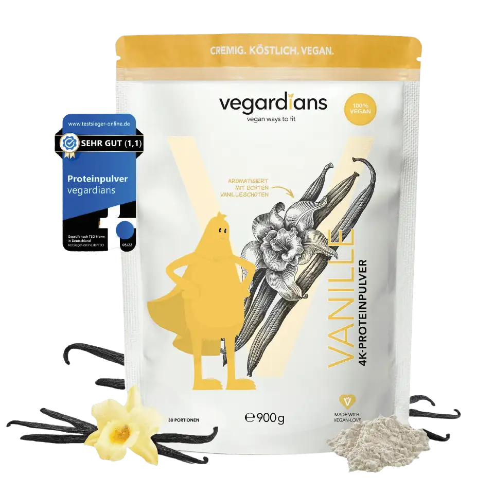 Vegan Vanille Protein powder with real vanilla beans, 900g bag, certified by the German Ministry of Education & Research.
