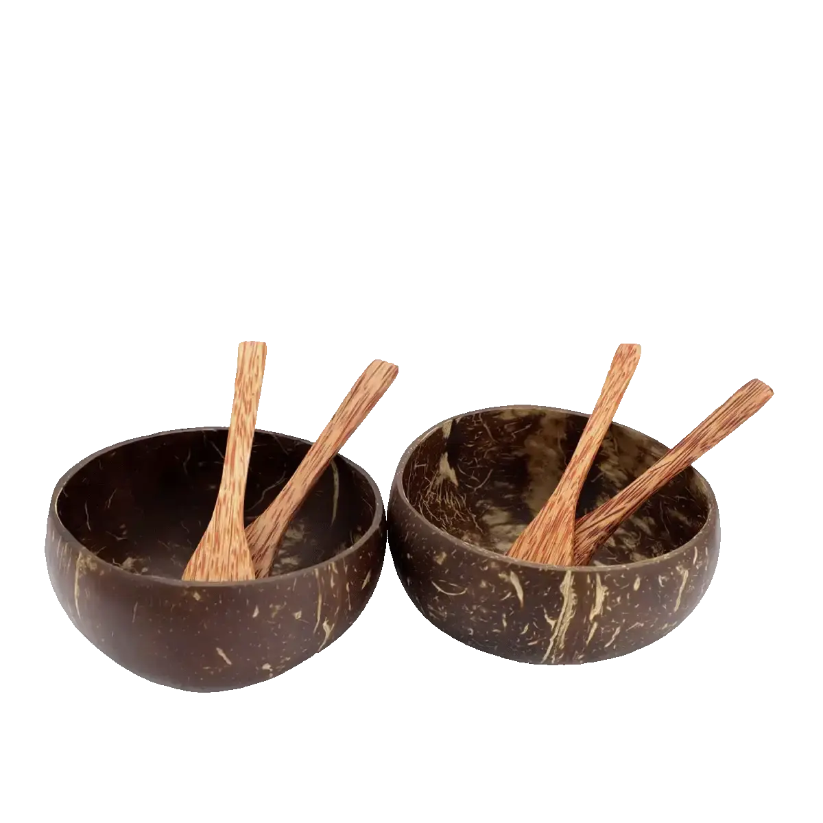 Vegane Kokosnuss-Schalen mit handgefertigten Holzlöffeln, plastikfrei.