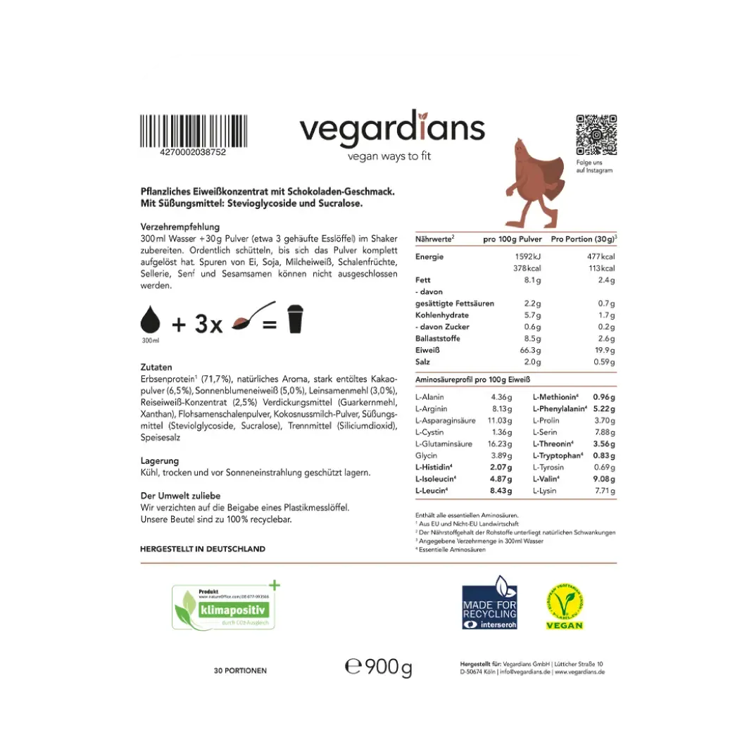 Vegardians Vegan Schoko Protein für ein gesundes und Veganer Leben. Ernährungszusatz für Muskelaufbau und tägliche Unterstützung.