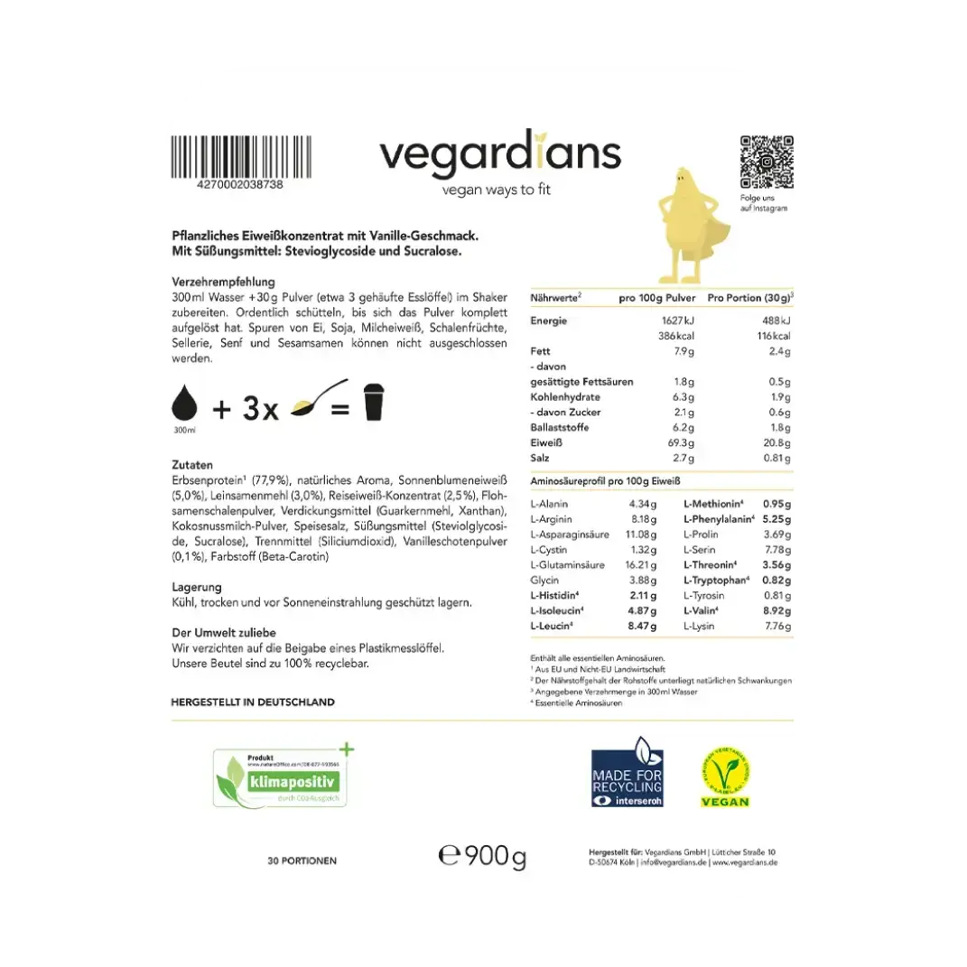 Vegardians Vegan Vanille Protein für ein gesundes und Veganer Leben. Ernährungszusatz für Muskelaufbau und tägliche Unterstützung.