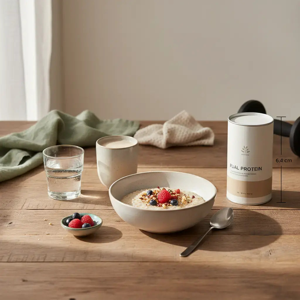 Veganer Proteinmorgen mit Haferbrei, Nüssen, Beeren und Shake auf rustikalem Tisch – 1 kg Muskeln aufbauen mit nährstoffreichem Frühstück