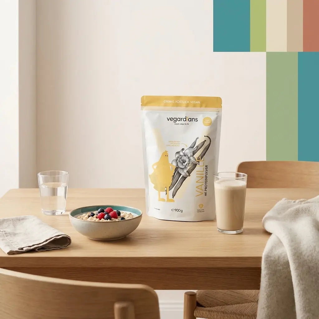 Minimalistisches Frühstück auf Holztisch mit Müsli, Beeren, Glas Wasser und Shake in sanftem Morgenlicht – veganes Setup, geeignet für 1 kg pro woche abnehmen