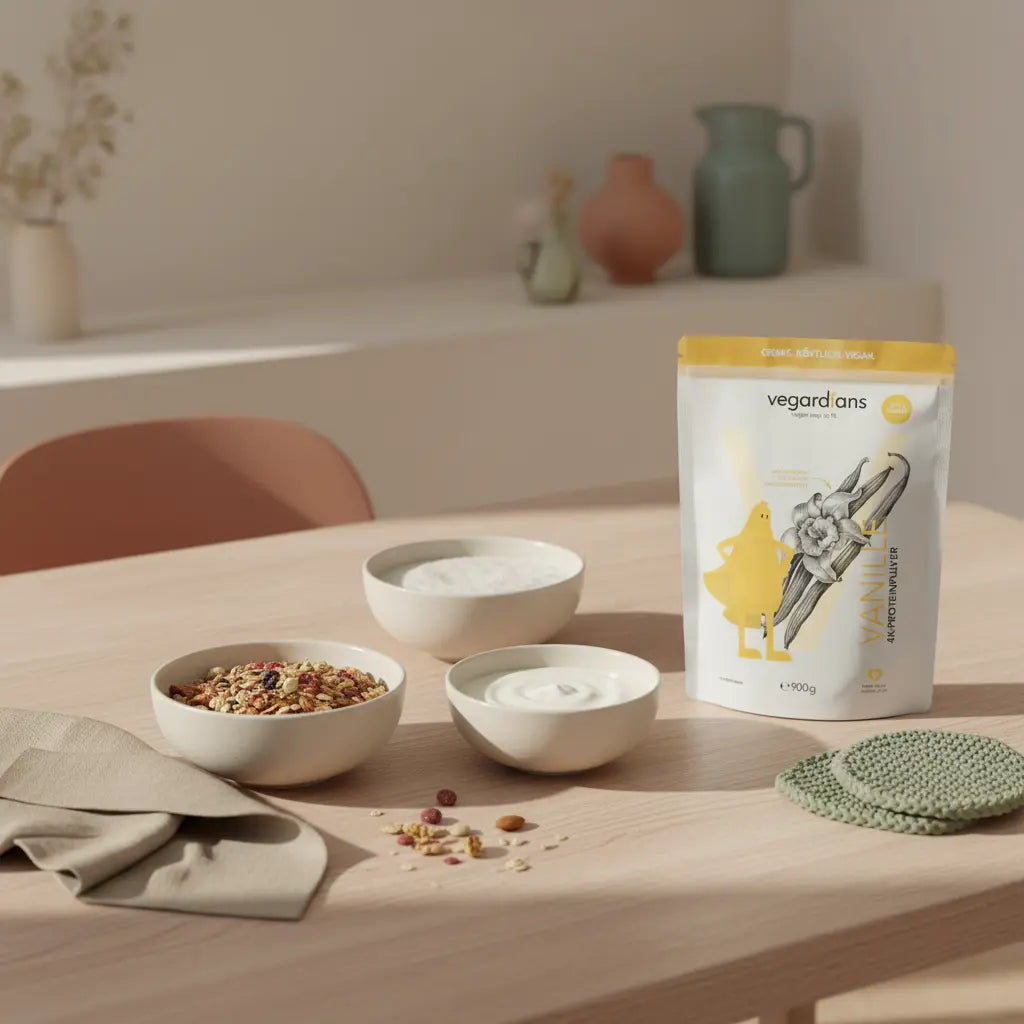 Veganes Frühstück auf nachhaltigem Holztisch im Morgenlicht mit Müsli, pflanzlichem Joghurt, Nüssen und Shake – ruhige Szene zum Thema 1 kg pro Woche abnehmen.