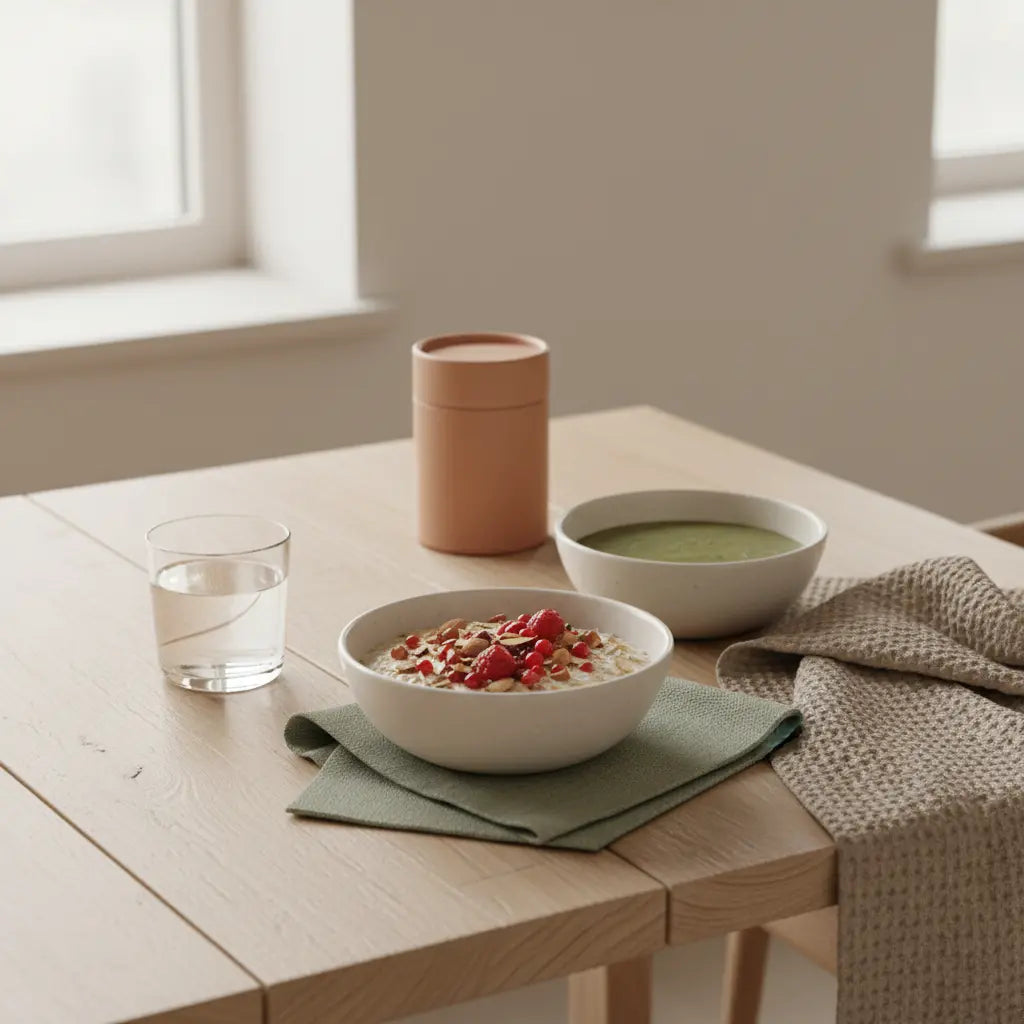 Minimalistisches Frühstück mit Haferbrei, Proteinshake und Glas Wasser auf nachhaltigem Holztisch in Morgenlicht – geeignet für 10 kg abnehmen.