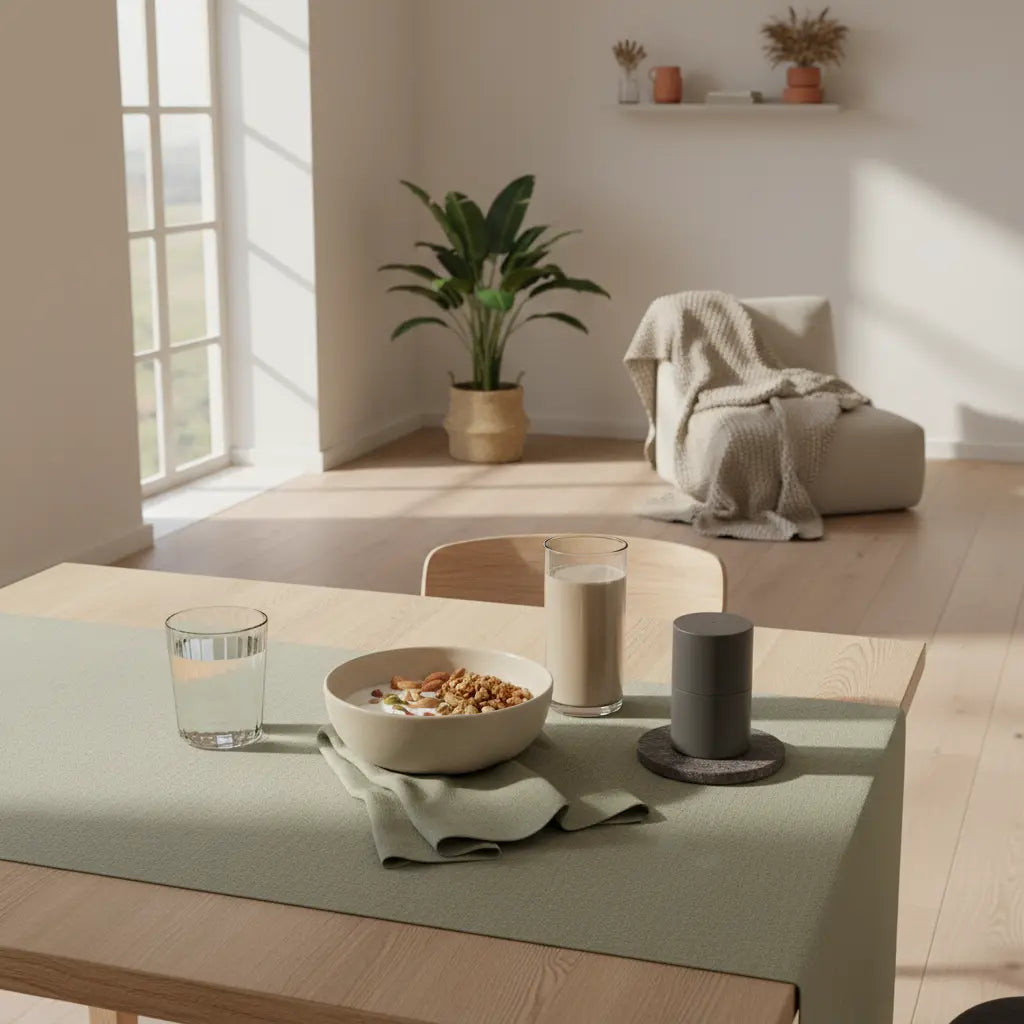 Minimalistisches veganes Frühstück mit Granola, Joghurt-Alternative, Nüssen und Shake in salbei-beiger Küche – 10 kg abnehmen ohne Sport