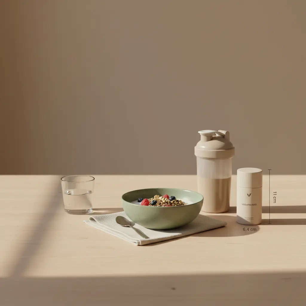 Minimalistisches Vegardians-Frühstück mit Müsli, pflanzlichem Joghurt, Nüssen, Proteinshake und Glas Wasser im sanften Morgenlicht – 10 kg in 2 Wochen abnehmen