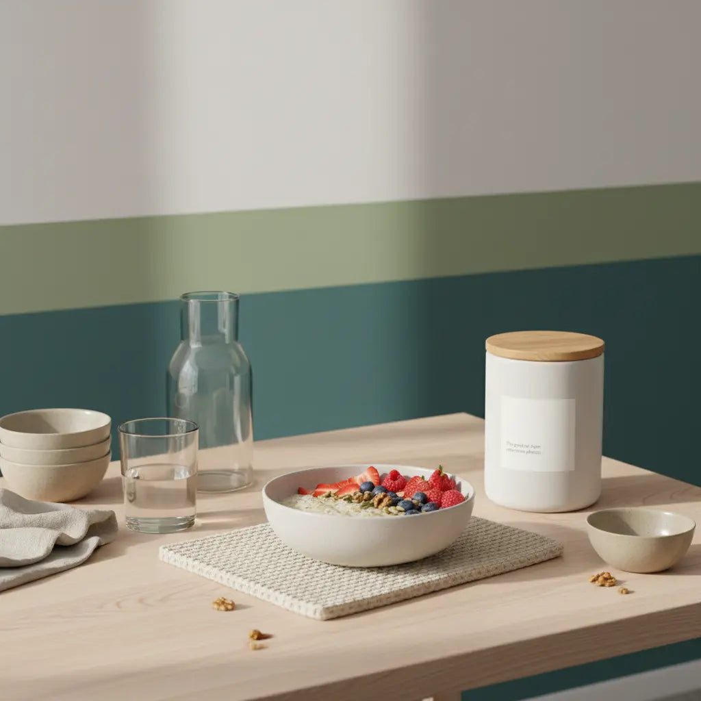 Minimalistische Frühstücksszene: vegane Hafer-Bowl mit Beeren und Nüssen, Wasserkaraffe und Proteinpulver-Glas auf nachhaltigem Holztisch im Morgenlicht – 10 kg in einem Monat abnehmen