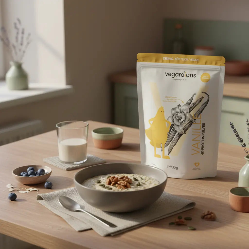 Minimalistische Morgen-Szene mit veganem Haferporridge, Nüssen, Pflanzenmilch und Vegardians-Produkt auf Holztisch, atmosphärisches Frühstücksbild zum 10 Kilo abnehmen