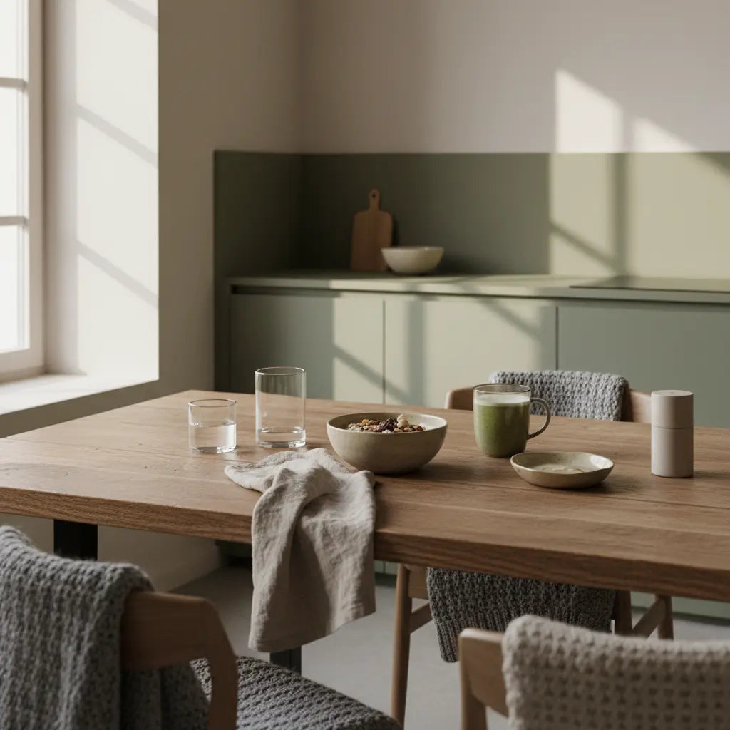 Minimalistisches Frühstück in europäischer Küche mit Granola, Joghurt, Nüssen und Shake in Keramik, winterliche Woll- und Leinenakzente, ruhige erdige Farben – 10 kilo abnehmen