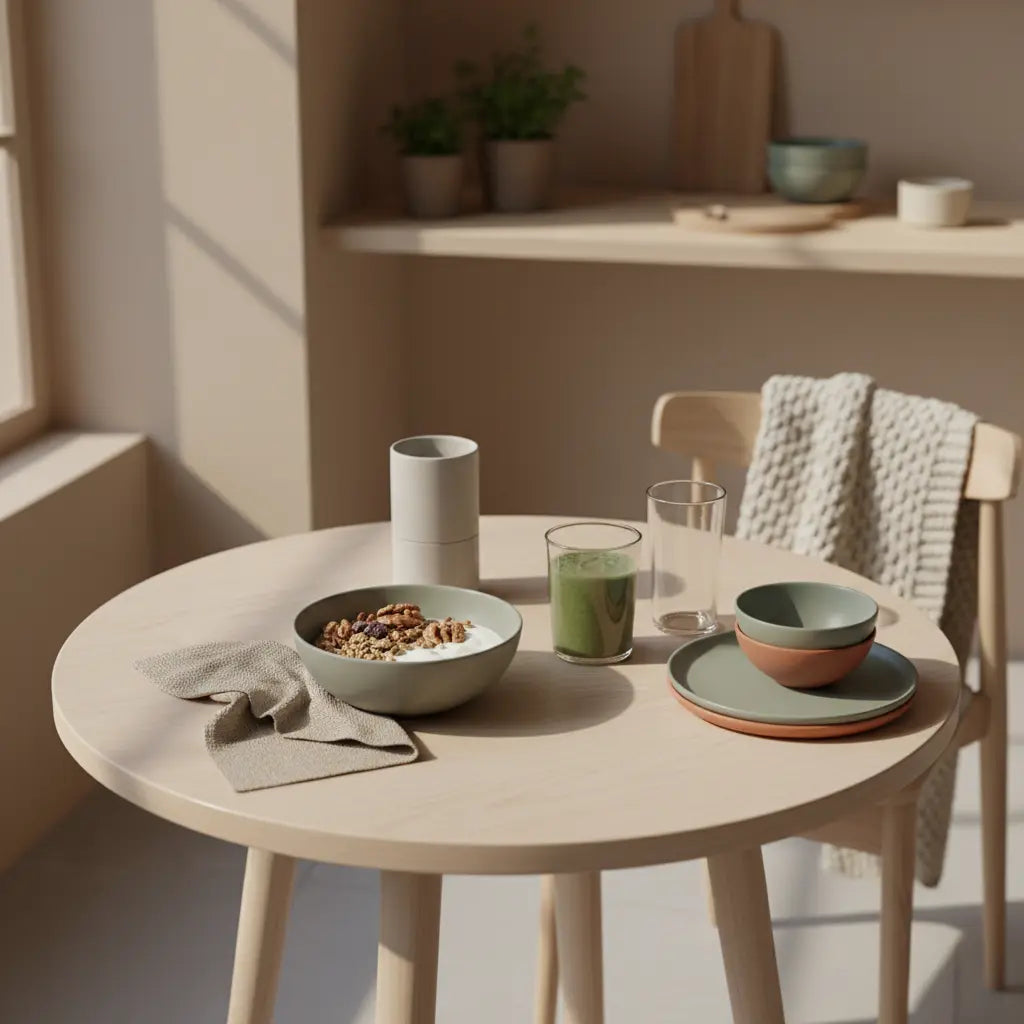 Ruhiges Frühstück mit Granola, pflanzlichem Joghurt, Nüssen und grünem Shake auf Holztisch im Morgenlicht – ästhetisch, nachhaltig und beruhigend, 10 Regeln Vollwerternährung