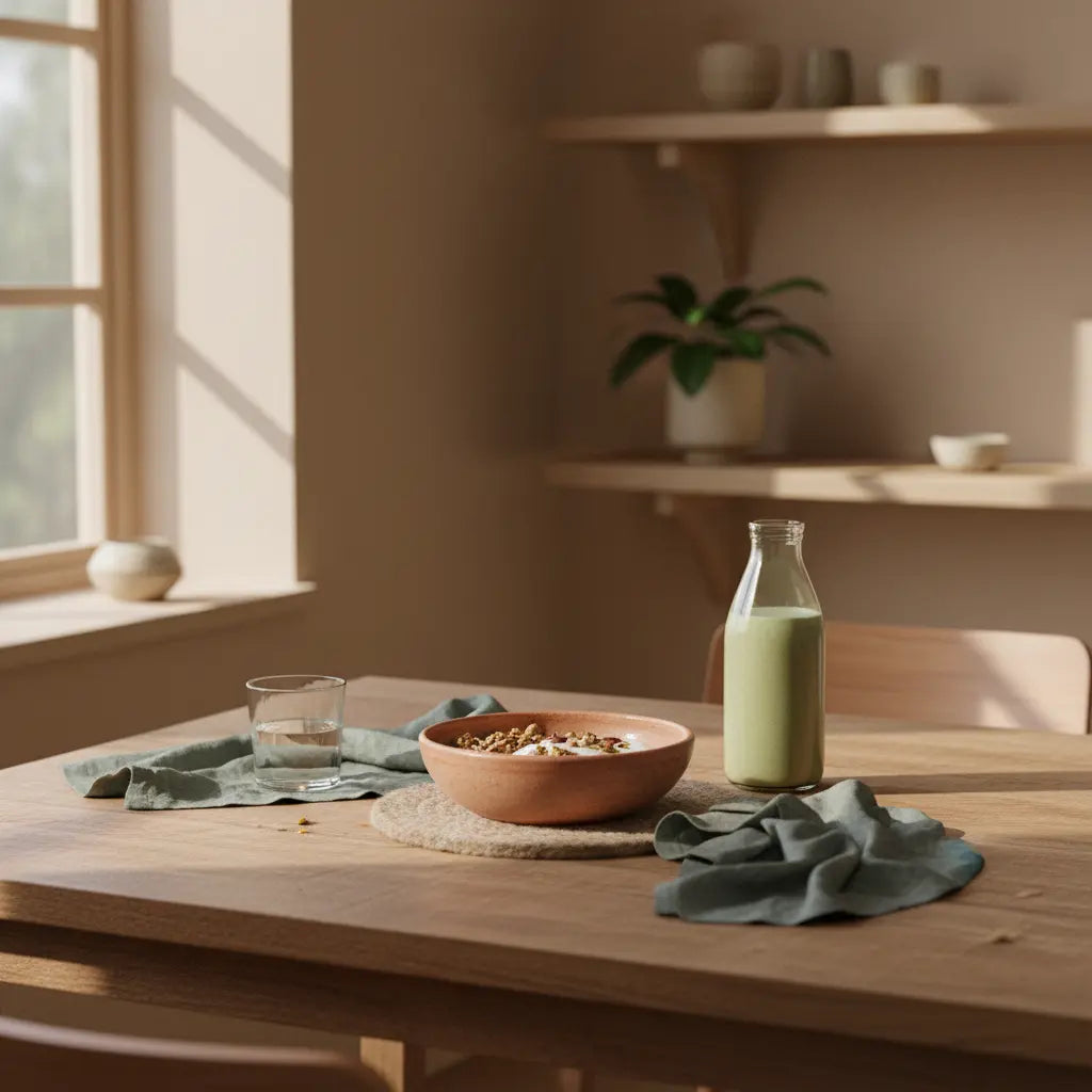 Minimalistischer veganer Frühstückstisch mit Granola, Joghurt‑Alternative, Nüssen und Shake in einer europäischen Küche – 100 g eiweiß pro tag vegetarisch