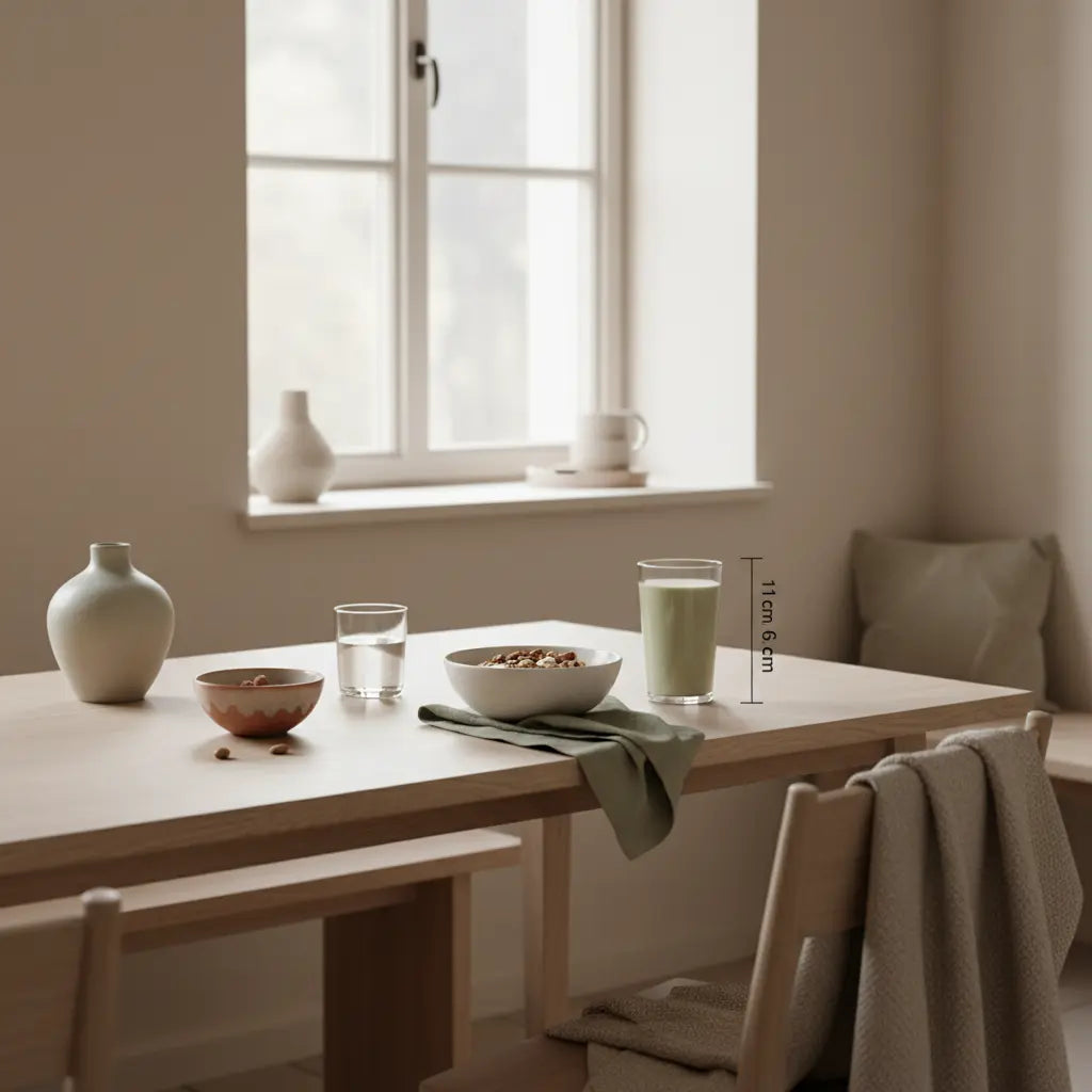 Minimalistisches Morgenfrühstück mit veganer Granola-Schale, Shake, Wasserglas und Produkt aus Referenzfotos auf dem Tisch in ruhigen Vegardians-Farben, 12-3-30-Methode