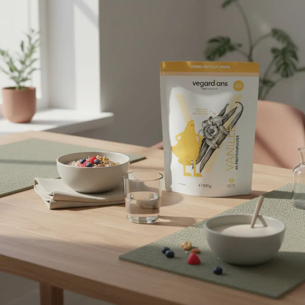 Veganes Morgenfrühstück mit Haferbrei, Beeren, Nüssen und Shake auf nachhaltigem Holztisch in sanftem Morgenlicht – bewusstes Frühstück zum 15 kg abnehmen