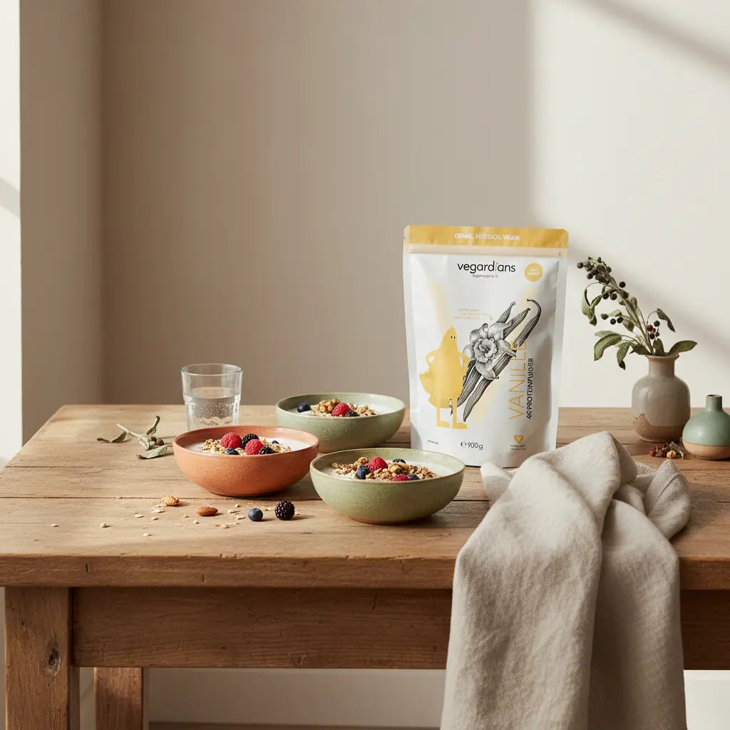 Minimalistisches veganes Frühstück auf Holztisch im Morgenlicht mit Hafer, pflanzlichem Joghurt, Nüssen, Beeren und Glas Wasser – 15 Kilo abnehmen