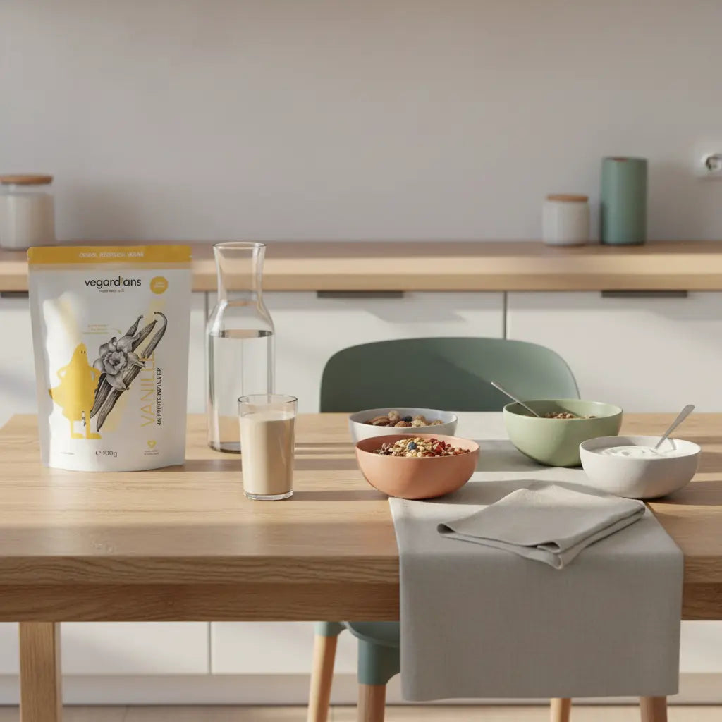 Minimalistisches Morgenfrühstück auf nachhaltigem Holztisch mit Müsli, Nüssen, Shake und Wasserkrug in erdiger Farbpalette – stimmungsvolle Szene zur 16:8 Diät.