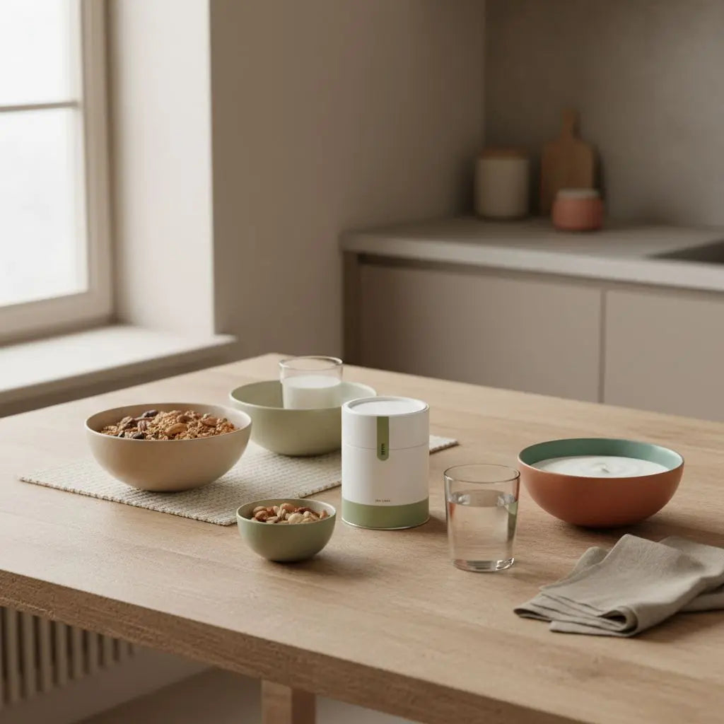 Minimalistisches veganes Frühstück auf Holztisch mit Granola, pflanzlichem Joghurt, Nüssen und Shake in ruhiger Morgenstimmung einer europäischen Küche – 16:8 Fasten