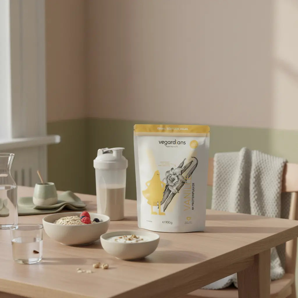 Veganes Frühstück auf minimalistischem Holztisch in heller europäischer Küche mit Hafer, pflanzlichem Joghurt, Nüssen, Wasserglas und Shake — 2 kg in 2 Wochen abnehmen