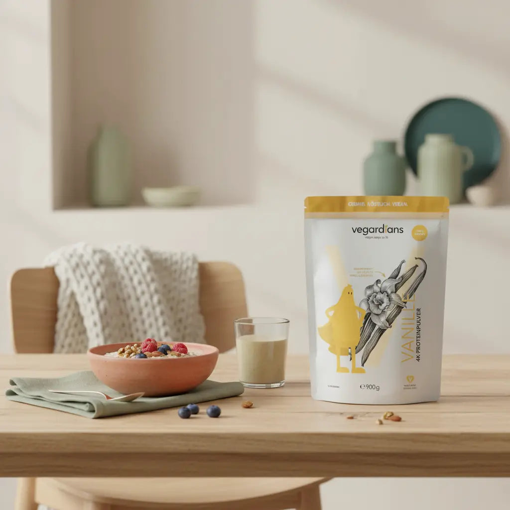 Veganes Frühstück auf nachhaltigem Holztisch in sanftem Morgenlicht mit Haferbrei, Nüssen, Beeren, Shake-Glas und Produkt aus Referenzfotos – ruhige Szene, 2 Kilo abnehmen