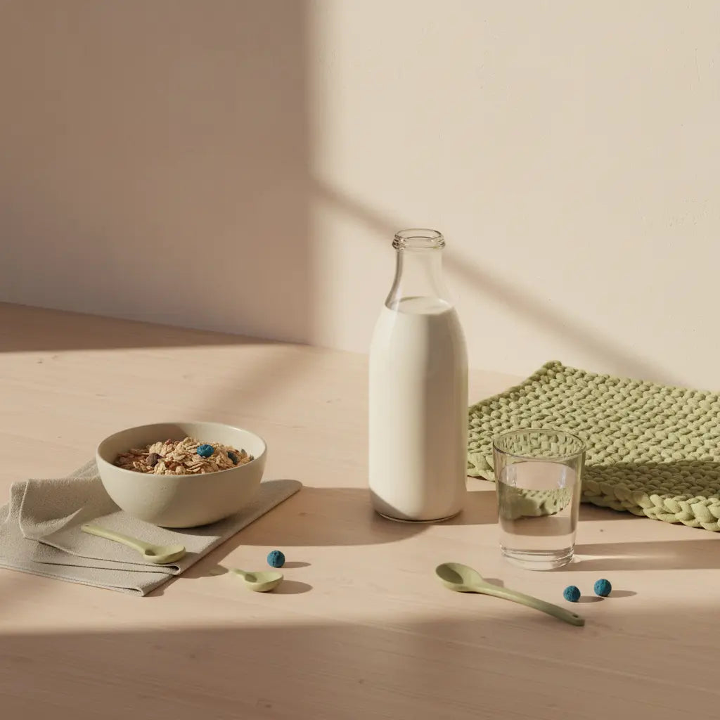 Schale Müsli, Glas Wasser und pflanzlicher Proteinshake auf nachhaltigem Holztisch in warmer europäischer Küche bei Morgenlicht – perfektes 20 Minuten Workout Frühstück.