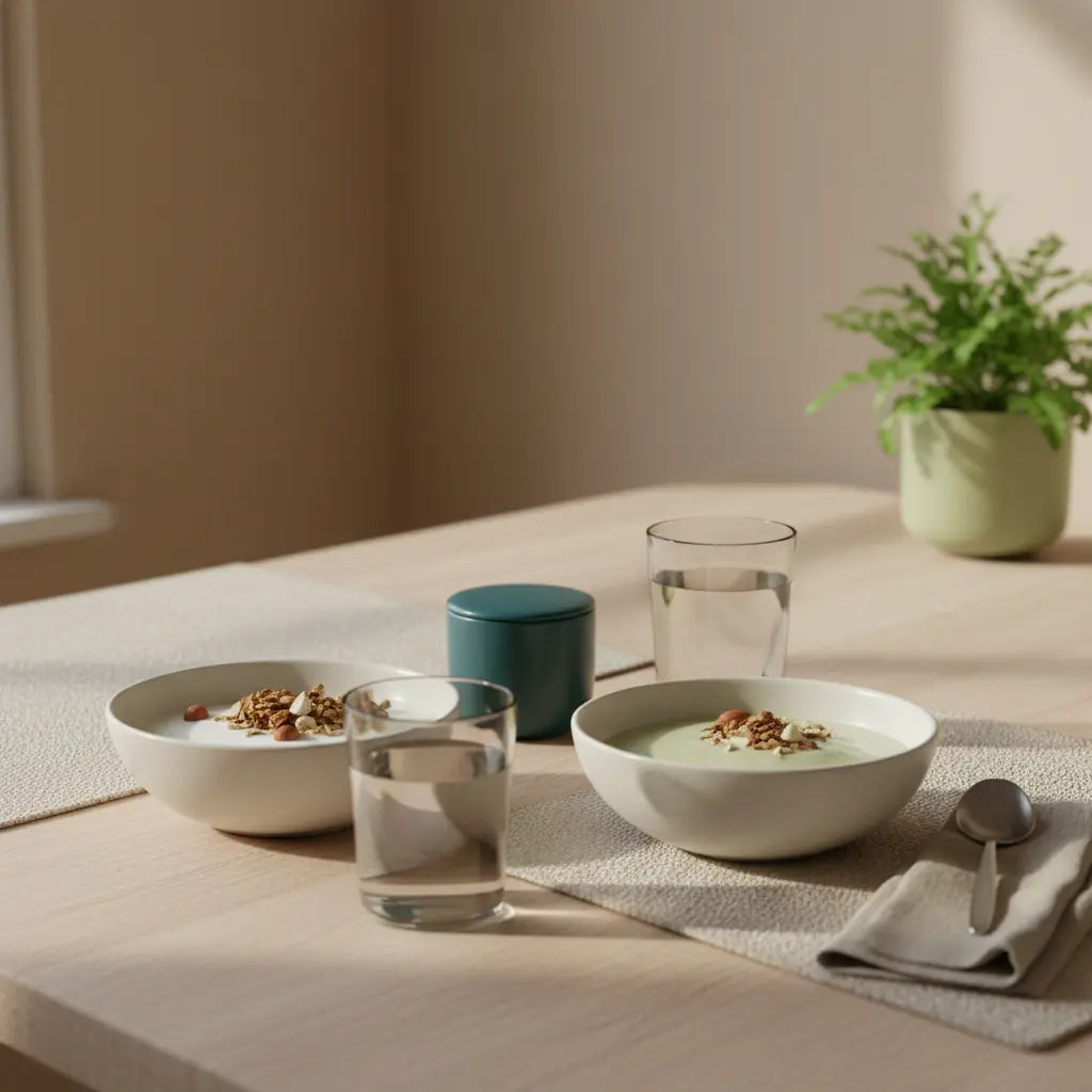 Minimalistisches Frühstück in europäischer Küche: Granola mit pflanzlichem Joghurt, Nüssen und Proteinshake auf nachhaltigem Tisch. 200g Protein am Tag